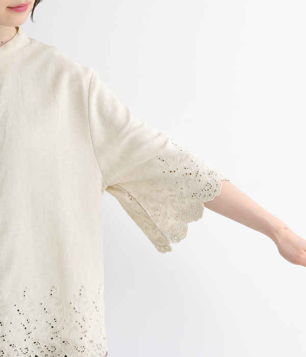 コットンリネン スカラップ刺繍前開きブラウス(B・カーキ)