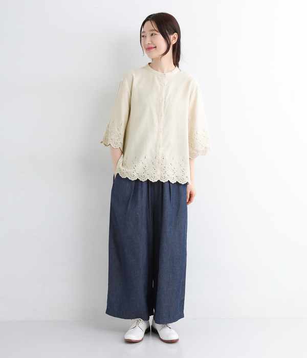 コットンリネン スカラップ刺繍前開きブラウス(B・カーキ)