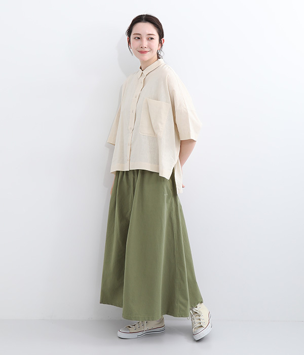コットンリネン　ロゴ刺繍ギャザースカート(A・カーキ)