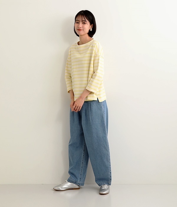デラヴェジャージー　7分袖ボートネックワイドT(L・ベージュ×ブルー)