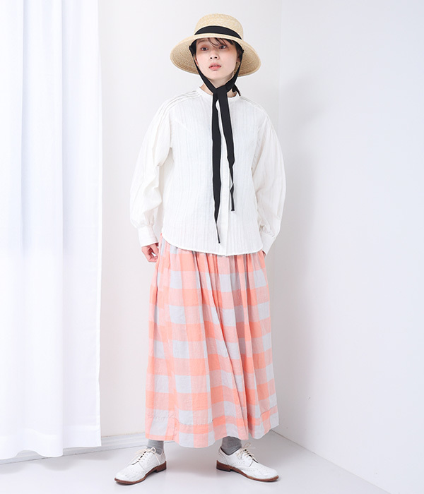 リネン　ギャザースカート(E・サーモンピンク×ミントチェック)