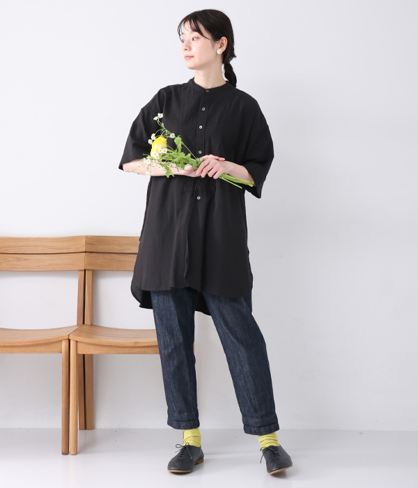 変形格子織り　5分袖チュニック(C・ブラック)