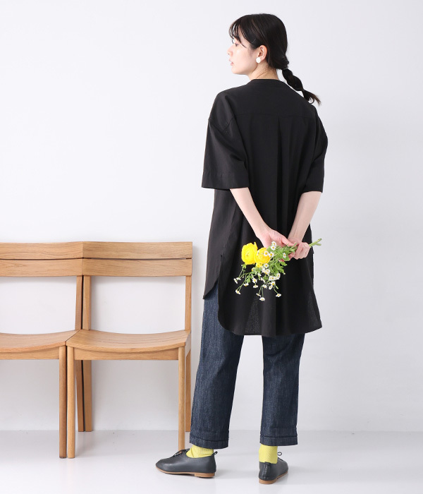 変形格子織り　5分袖チュニック(C・ブラック)