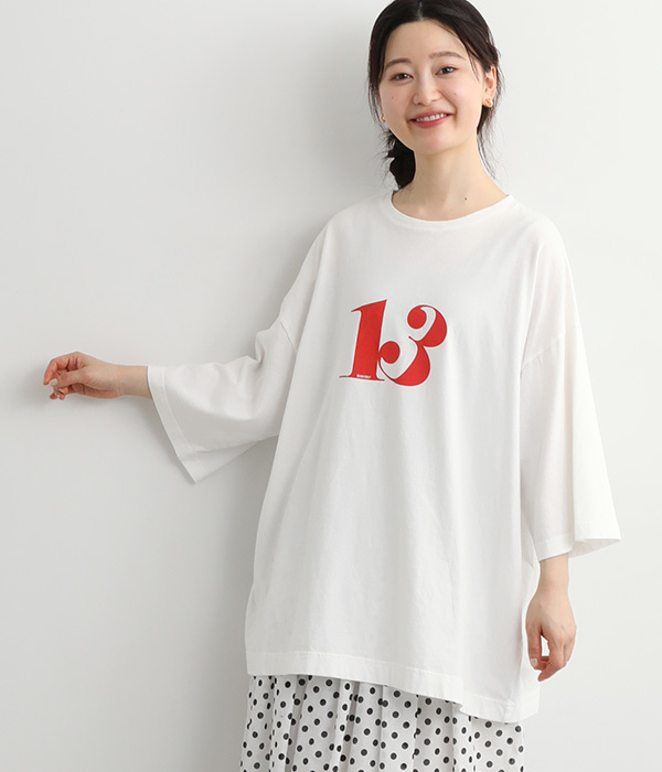 天竺　13プリントクルーネックワイドTシャツ(A・オフホワイト)
