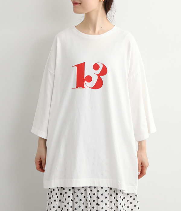 天竺　13プリントクルーネックワイドTシャツ(A・オフホワイト)