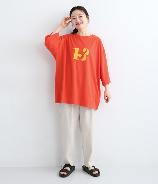 天竺　13プリントクルーネックワイドTシャツ(D・ブラッドオレンジ)