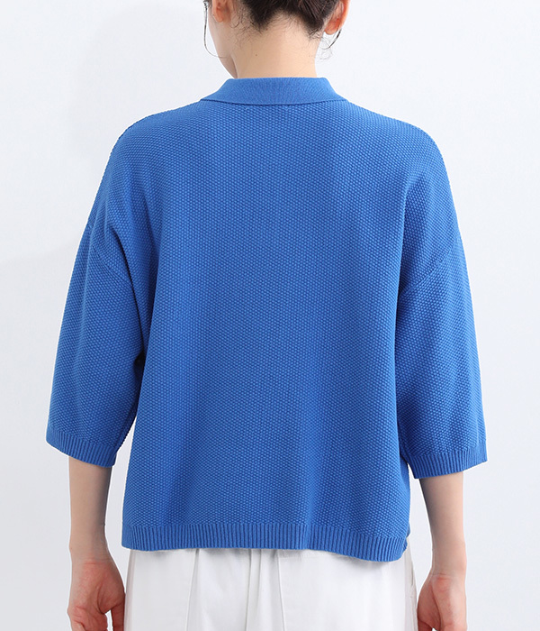 強撚ミドルゲージ鹿の子編み5分袖ポロシャツ(B・ブルー)