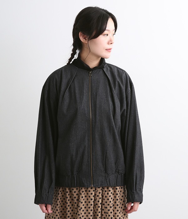 コットンデニム襟タックジャケット(B・ブラック)