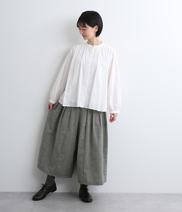 コットン混ヘリンボーン　タックワイドパンツ(C・ブラック)