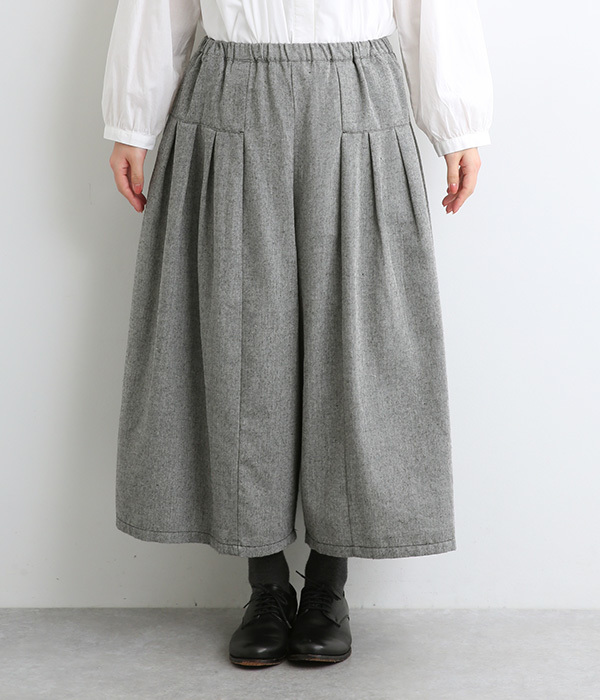 コットン混ヘリンボーン　タックワイドパンツ(C・ブラック)