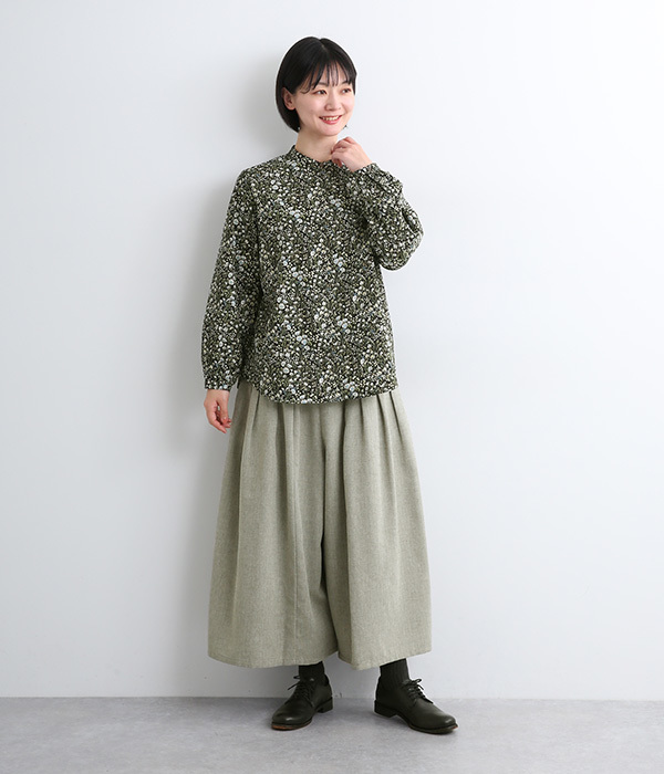 コットン混ヘリンボーン　タックワイドパンツ(C・ブラック)
