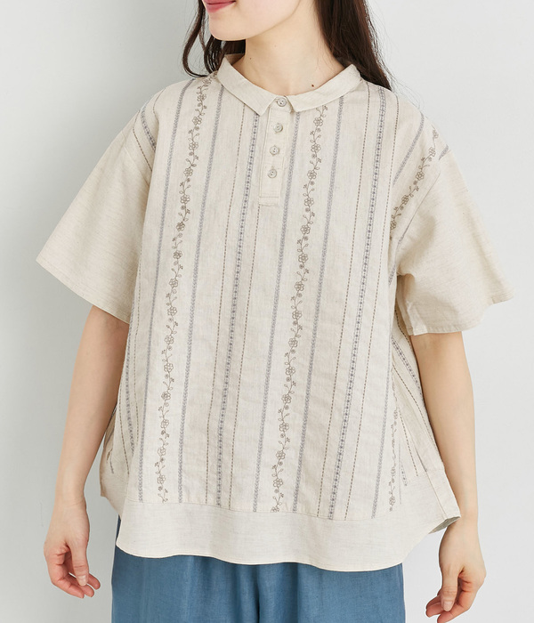 ダンガリー花ストライプ刺繍ブラウス(A・キナリ)【再入荷】｜le