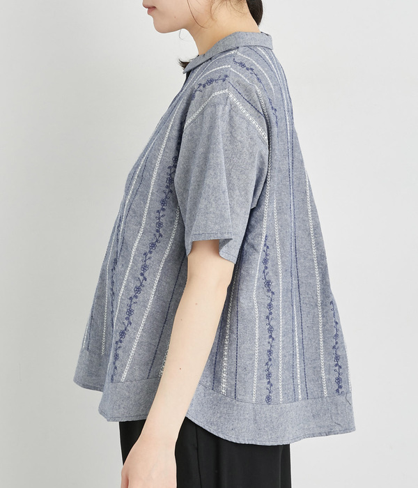 30%OFF【SALE/セール】ダンガリー花ストライプ刺繍ブラウス(C