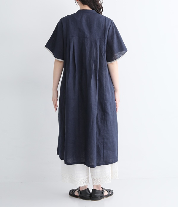 【別注カラー】リネン平織り配色半袖ワンピース(A・ネイビー)