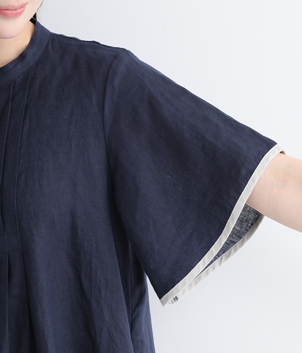 【別注カラー】リネン平織り配色半袖ワンピース(A・ネイビー)