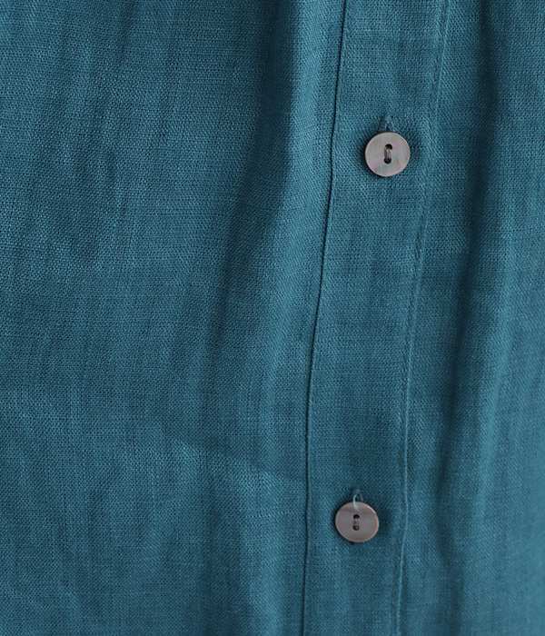 リネン平織り配色半袖ワンピース(D・ブルー)