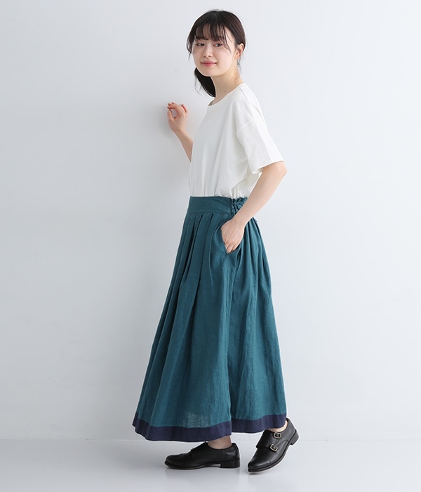 リネン平織り配色タックスカート(E・ブルー)