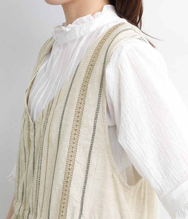 ダンガリーストライプ刺繍2WAYジャンパースカート(A・キナリ)