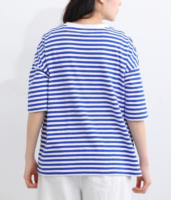 ムラ糸ボーダーワイドTシャツ(B・ホワイト×ロイヤルブルー)