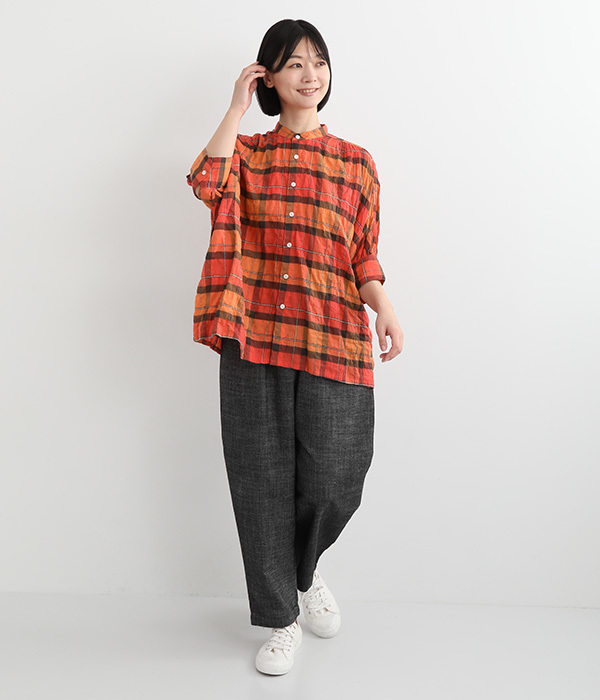 モダールシャーリングチェックワイドギャザーシャツ(A・オレンジ系チェック)