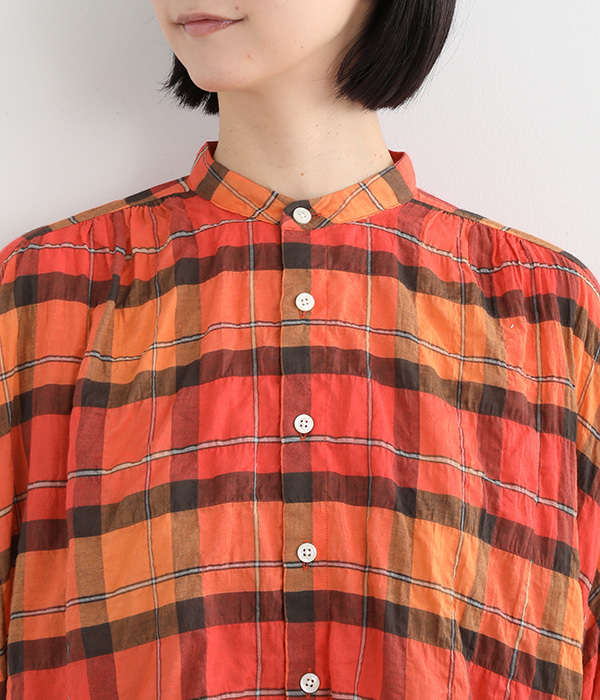 モダールシャーリングチェックワイドギャザーシャツ(A・オレンジ系チェック)
