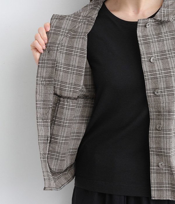 コットンリネンチェックシャツジャケット(B・ブラック×ベージュ)