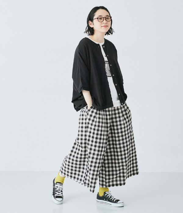 日本製コットンリネンブロードワッシャーワイドパンツ(A・ブロックチェック)