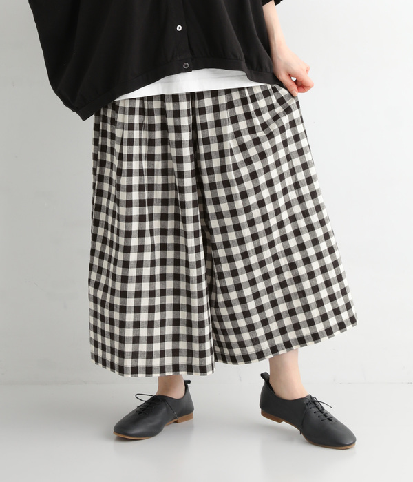 日本製コットンリネンブロードワッシャーワイドパンツ(A・ブロックチェック)