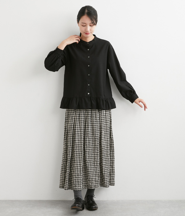 コットンリネン フリルヘムブラウス(A・ブラック)【再入荷
