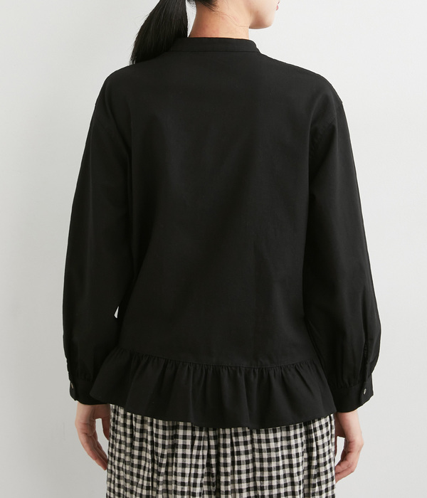 コットンリネン フリルヘムブラウス(A・ブラック)【再入荷