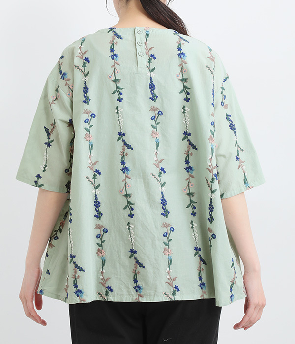 コットン花ストライプ総柄刺繍ブラウス(C・オリーブ)