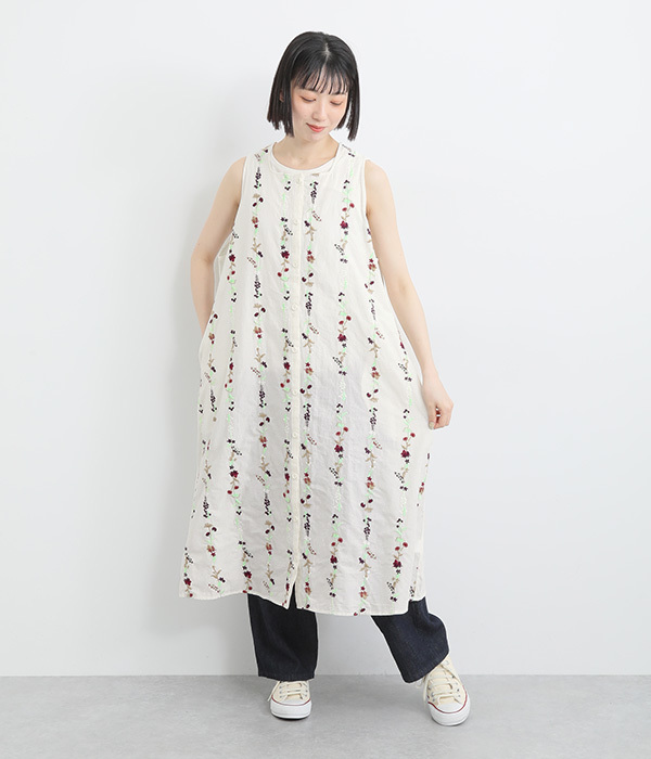 コットン花ストライプ総柄刺繍ジレ(A・アイボリー)【新入荷