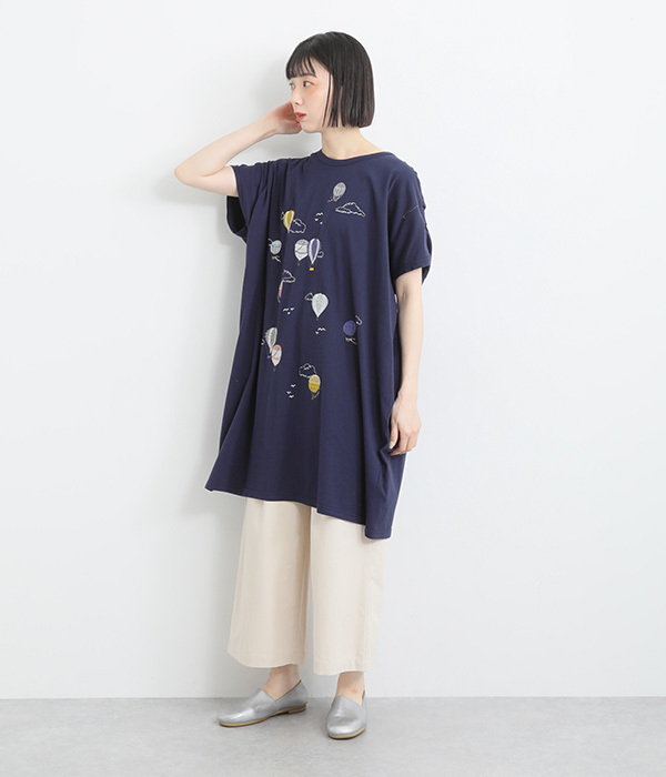 コットンさらさら天竺気球刺繍ドルマンチュニック(A・アイボリー