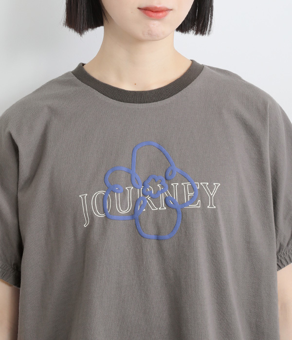 コットンさらさら天竺花とロゴのプリントドルマンＴシャツ(B・チャコールグレー)