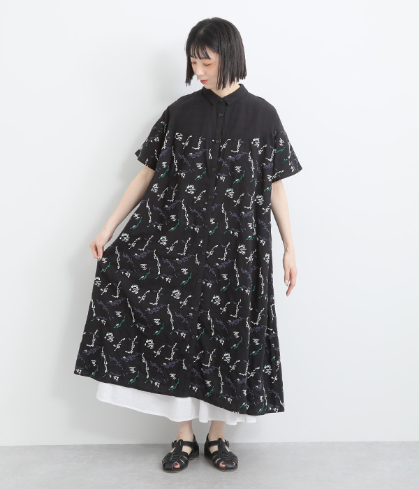 コットン畝チェック布帛鳥と泳ぐ魚刺繍ワンピース(A・ベージュ)