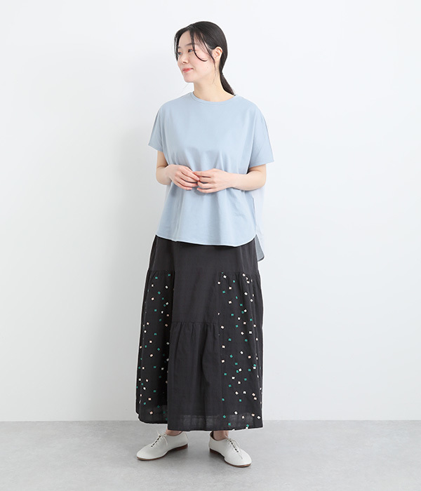 コットン畝チェック布帛カラフルシュガー刺繍スカート(B・ブラック)