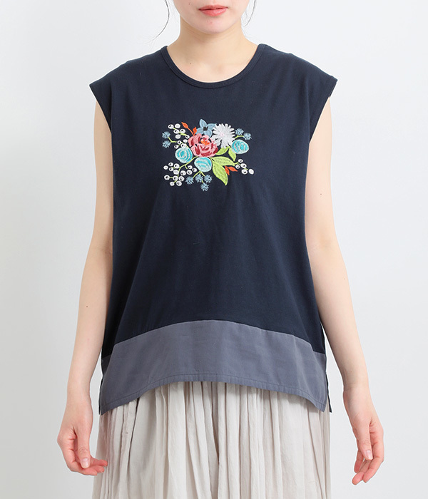 コットン天竺花ビーズ刺繍タンクトップ(B・ネイビー)