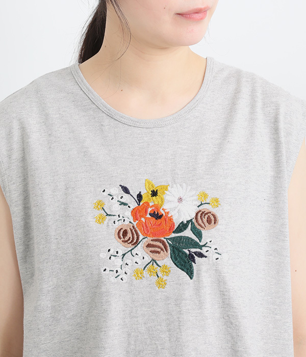 コットン天竺花ビーズ刺繍タンクトップ(B・ネイビー)