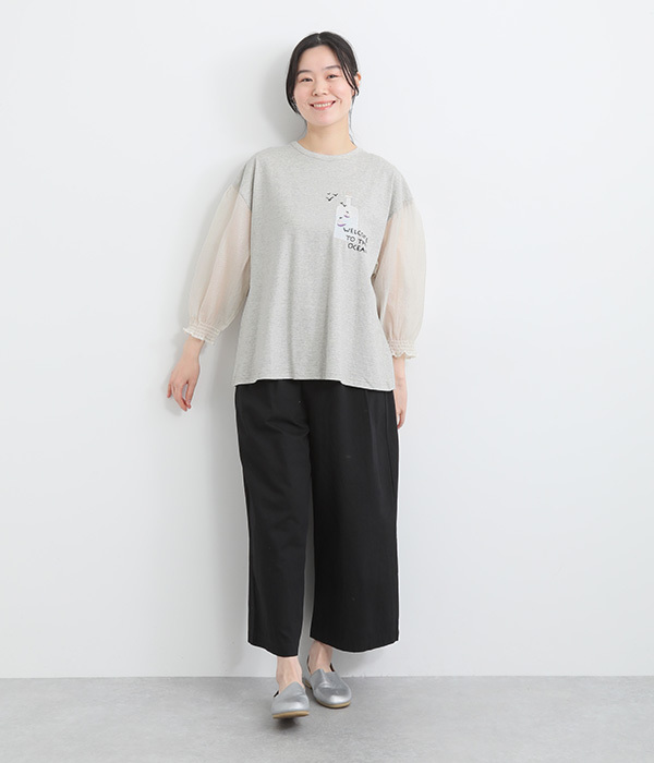 コットンボトル刺繍袖ギャザーＴシャツ(A・杢グレー)