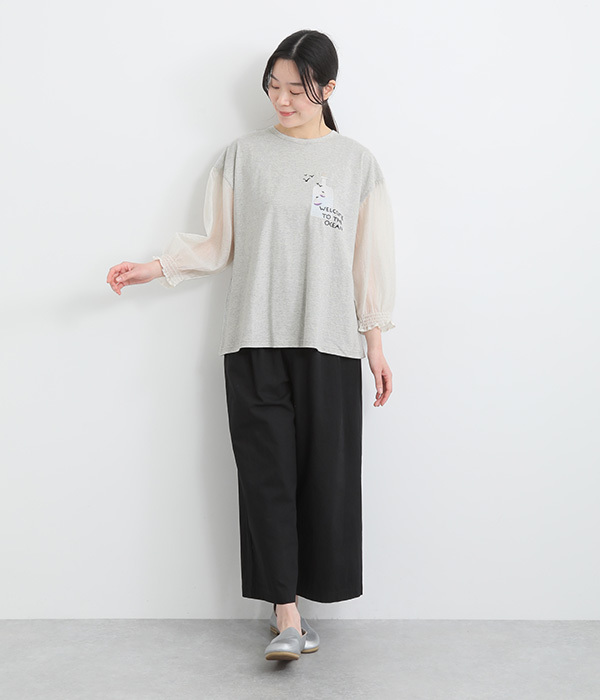 コットンボトル刺繍袖ギャザーＴシャツ(A・杢グレー)