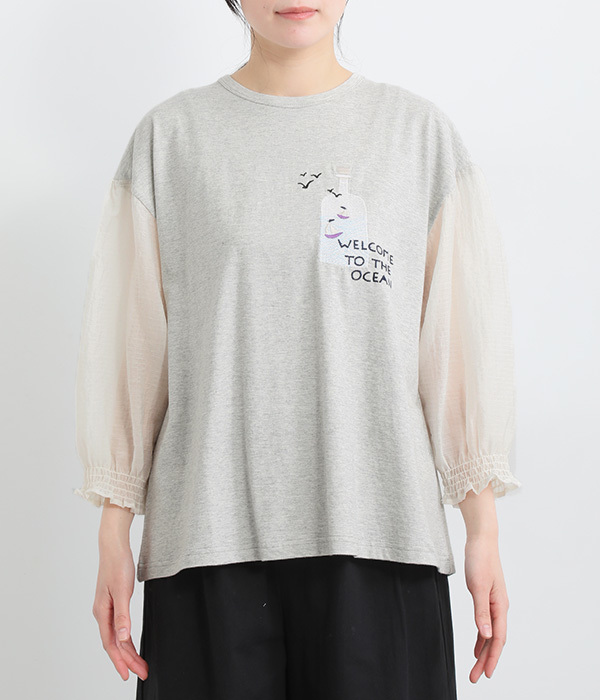 コットンボトル刺繍袖ギャザーＴシャツ(A・杢グレー)