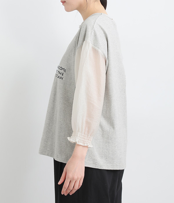 コットンボトル刺繍袖ギャザーＴシャツ(A・杢グレー)
