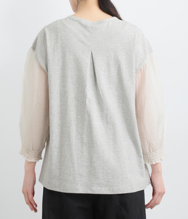 コットンボトル刺繍袖ギャザーＴシャツ(A・杢グレー)