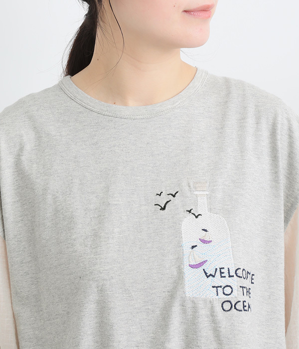 コットンボトル刺繍袖ギャザーＴシャツ(A・杢グレー)