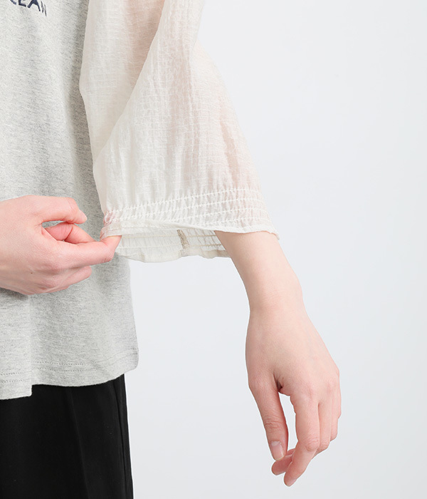 コットンボトル刺繍袖ギャザーＴシャツ(A・杢グレー)