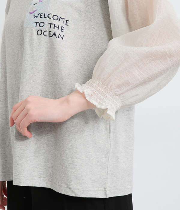 コットンボトル刺繍袖ギャザーＴシャツ(A・杢グレー)