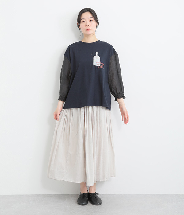 コットンボトル刺繍袖ギャザーＴシャツ(A・杢グレー)