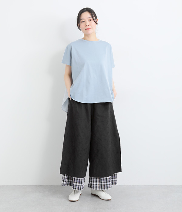コットンスラブコットン布帛リーフ刺繍レイヤードフレアパンツ(B・ブラック)