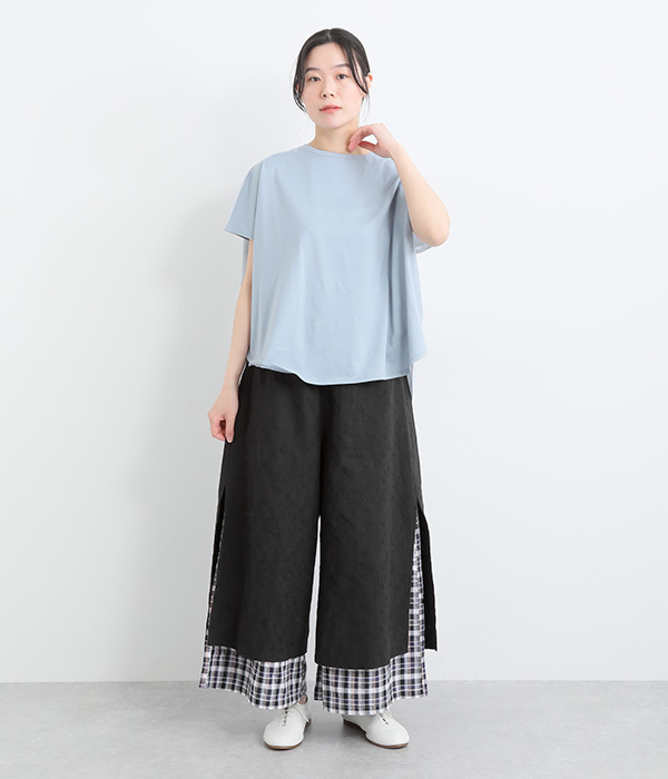コットンスラブコットン布帛リーフ刺繍レイヤードフレアパンツ(B・ブラック)