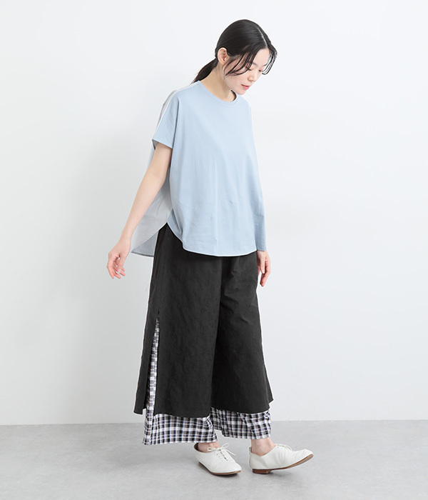 コットンスラブコットン布帛リーフ刺繍レイヤードフレアパンツ(B・ブラック)